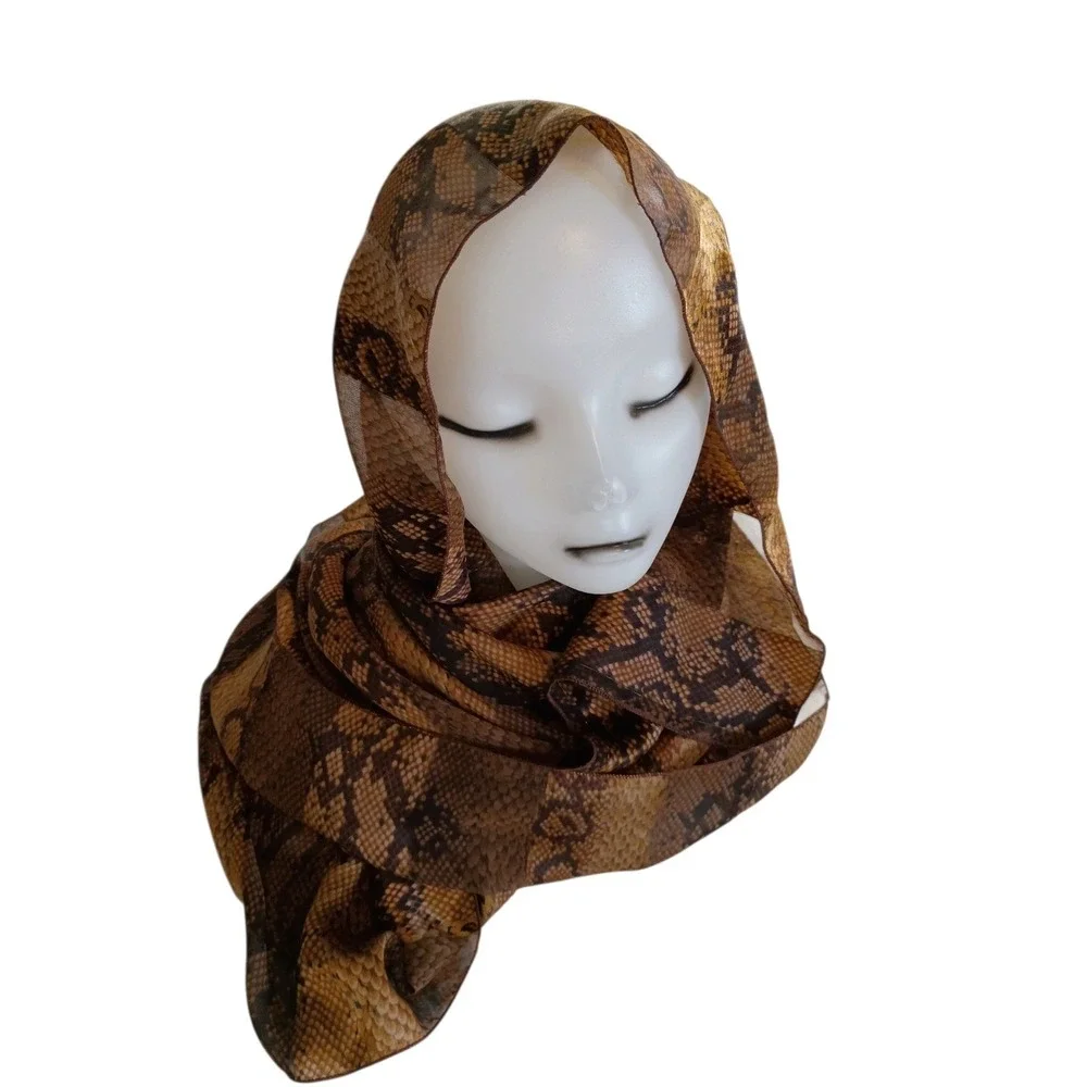 Vintage Jean Player Brown Snakeskin Print Sheer Scarf Gold Metallic Square 42